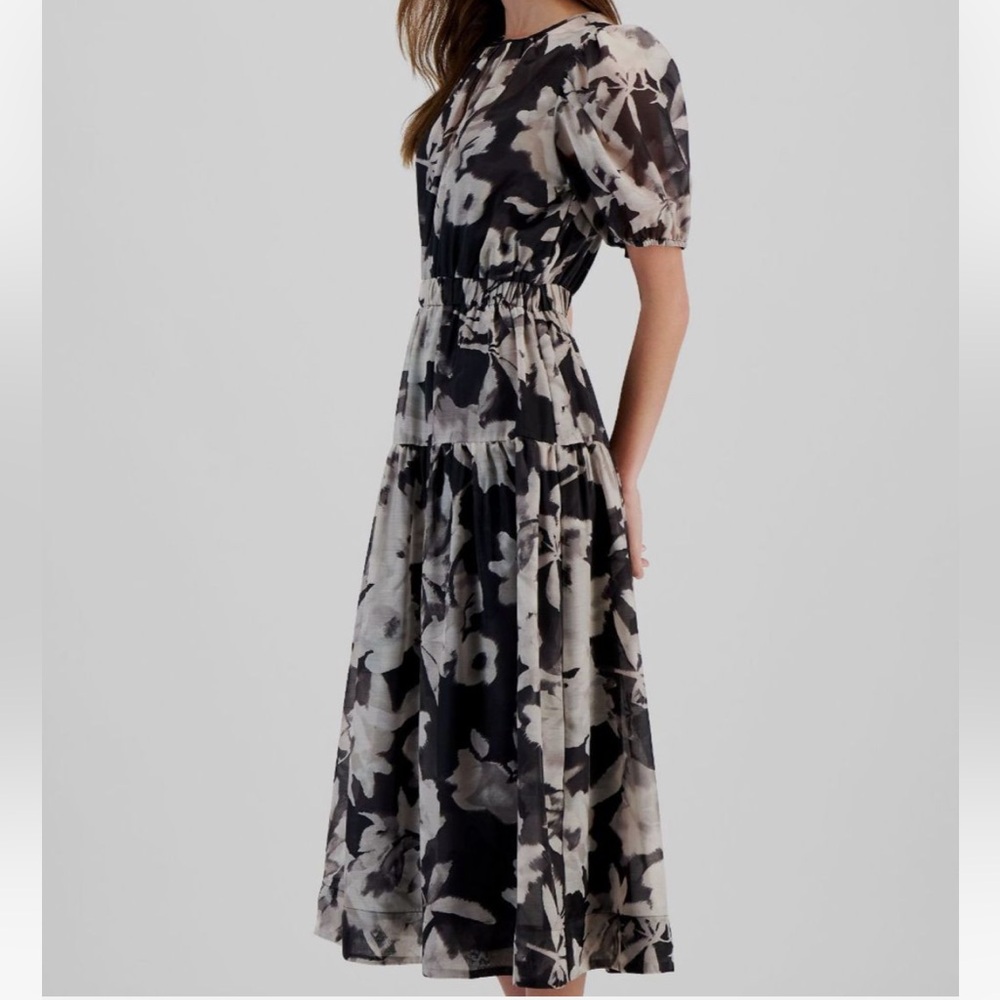 Black floral tiered midi dress